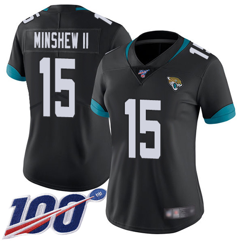 Nike Jacksonville Jaguars #15 Gardner Minshew II Black Team Color Women Stitched NFL 100th Season Vapor Limited Jersey->women nfl jersey->Women Jersey